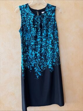 Aa Studio Black Midi Dress with Teal Abstract Print. Size 8. NWOT